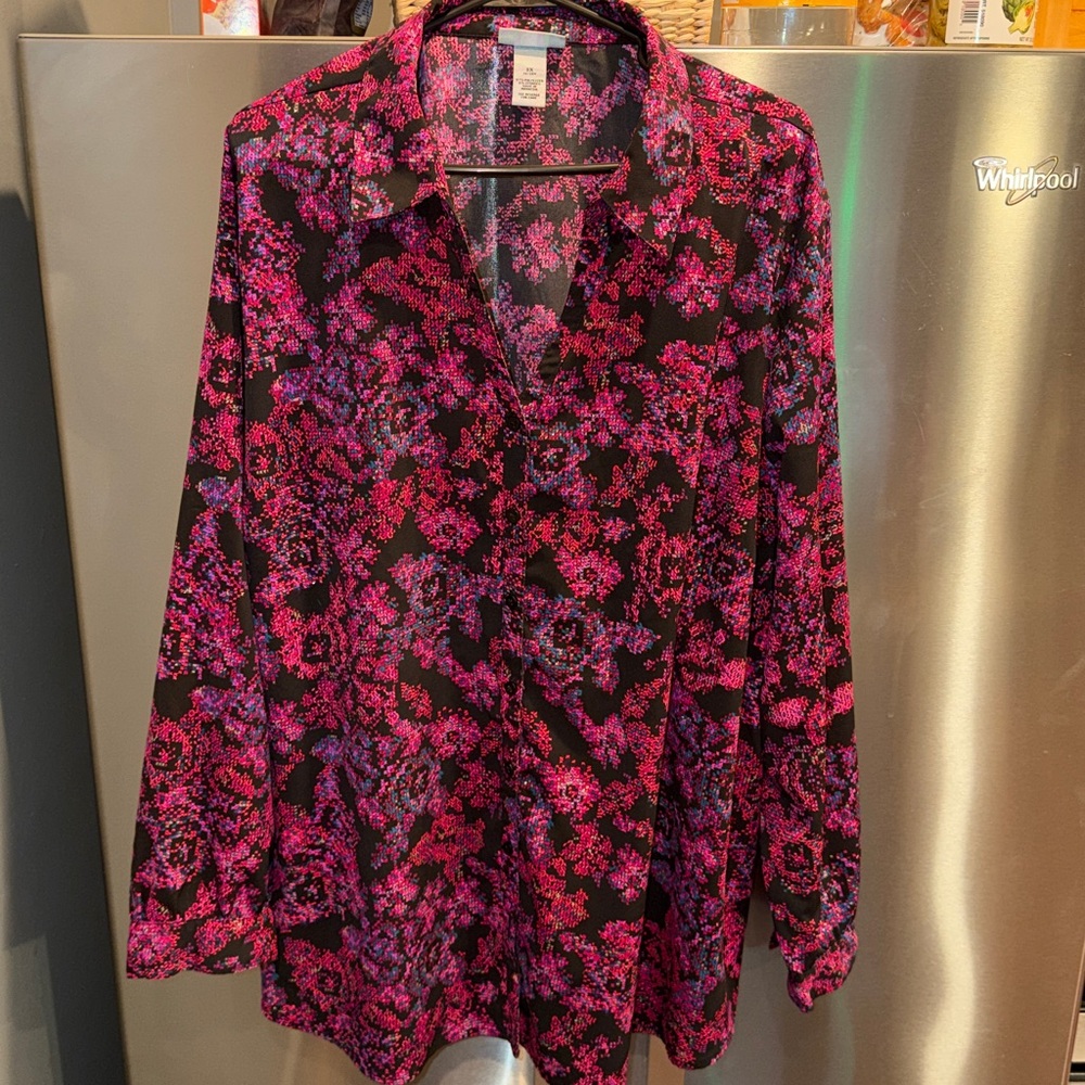 Catherines Pink Black dark floral Blouse button up Collared long Sleeved 3XL top